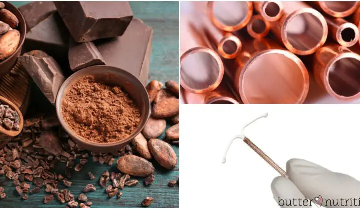 Sources of copper — dark chocolate, copper pipes, and copper IUD