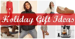 collage of women's gift items, including sweaters, jacket, pjs, slippers and coffee maker