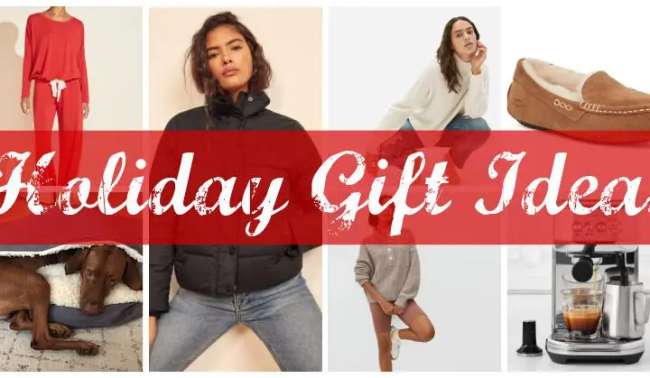 collage of women's gift items, including sweaters, jacket, pjs, slippers and coffee maker